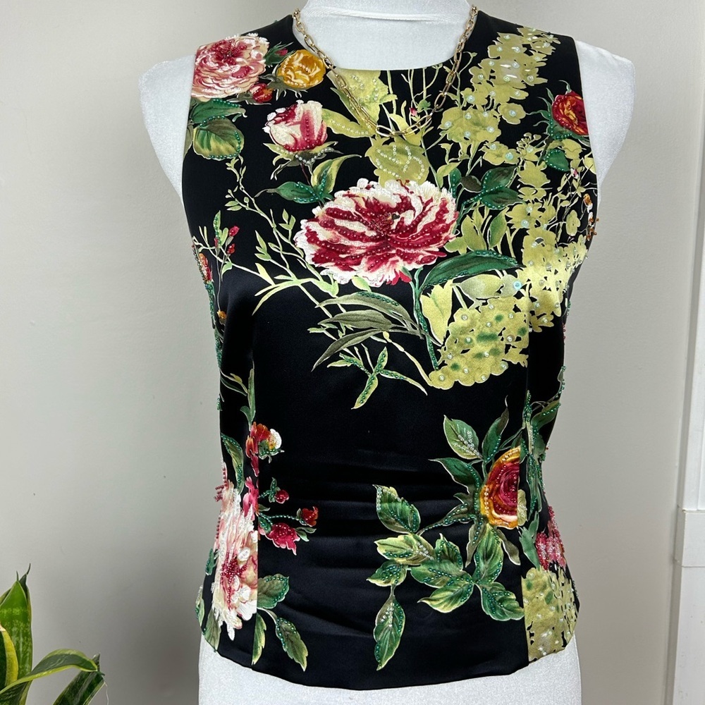 KAY UNGER Silk Sleeveless Beaded Embellished Black Floral Top - Picture 3 of 10